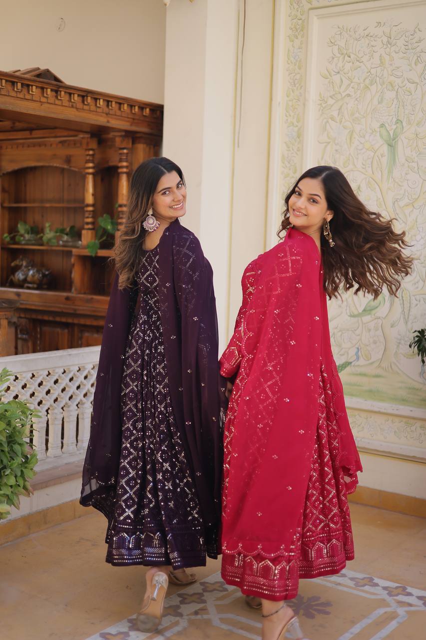 Faux Blooming Sequins Embroidered Gown with Dupatta