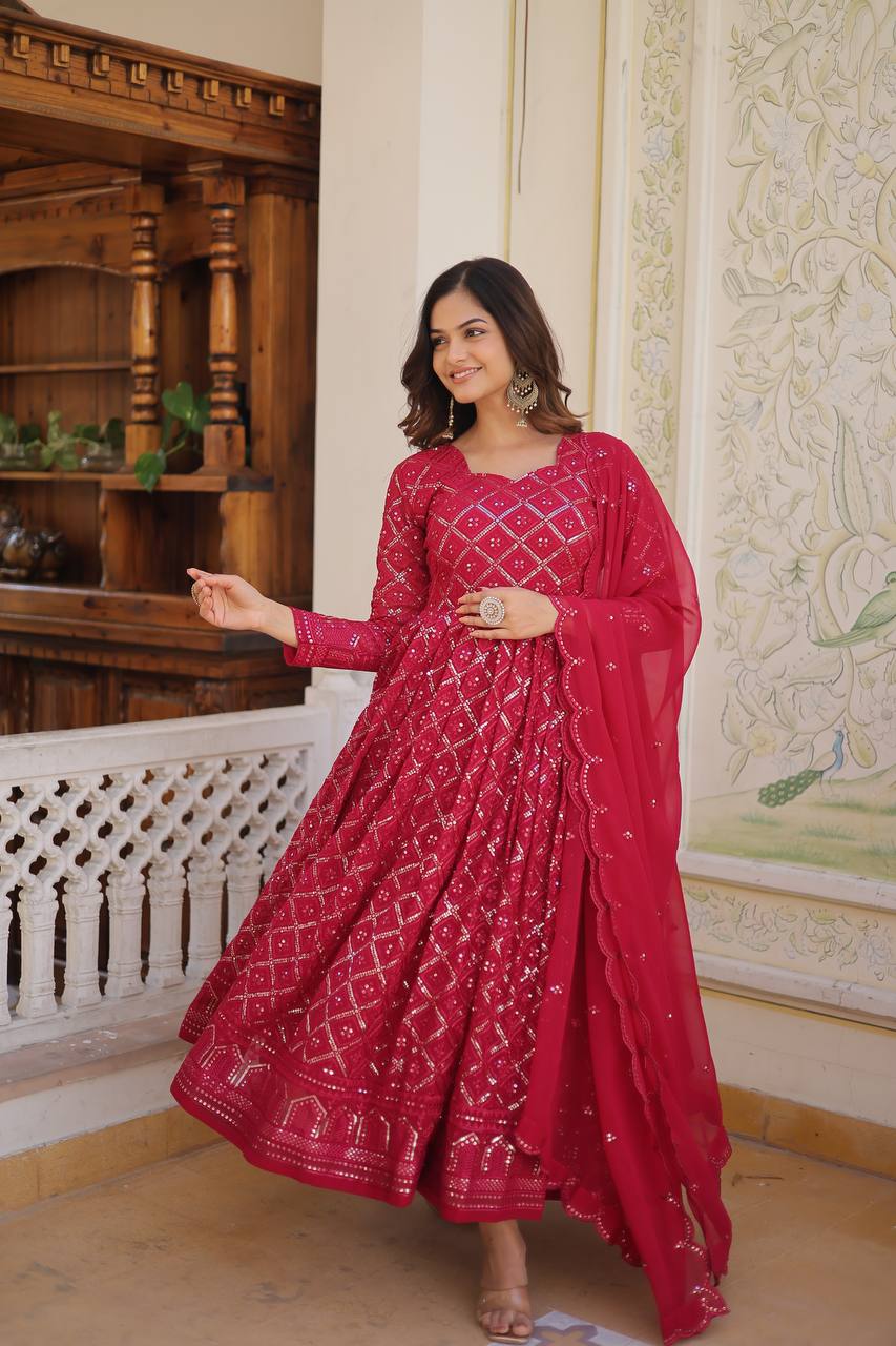Faux Blooming Sequins Embroidered Gown with Dupatta