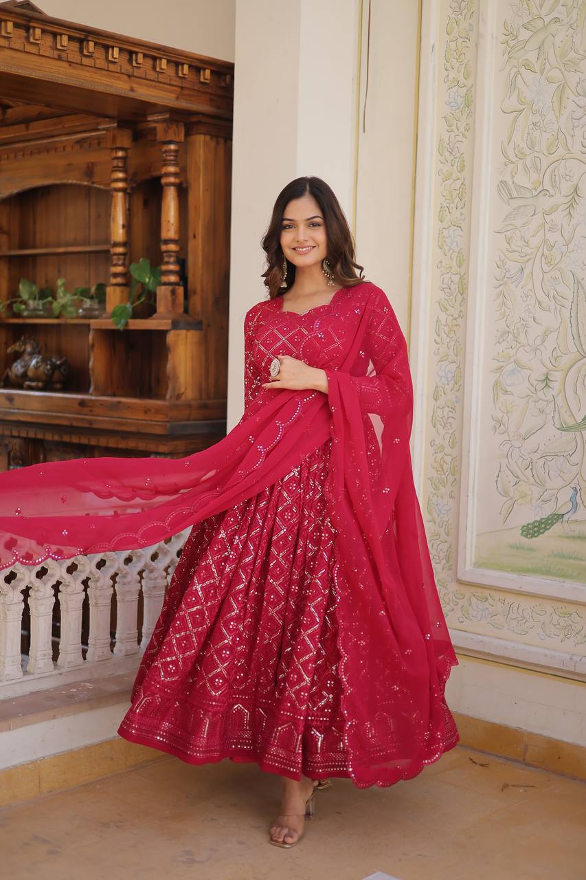 Faux Blooming Sequins Embroidered Gown with Dupatta