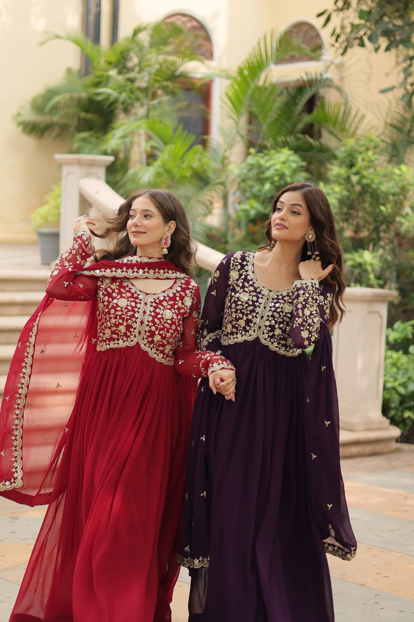 Faux Blooming Sequins Multi Embroidered Gown with Dupatta