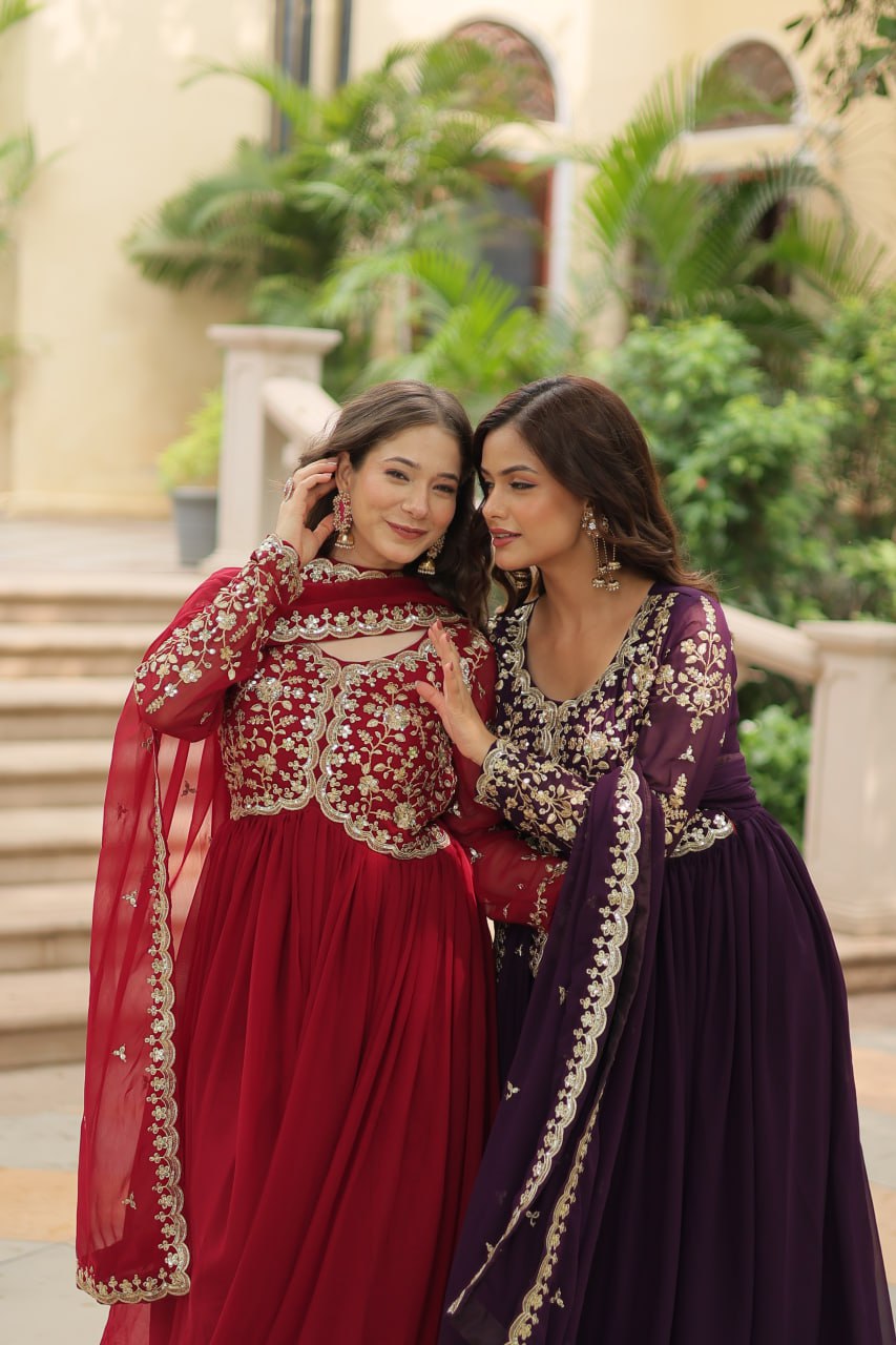 Faux Blooming Sequins Multi Embroidered Gown with Dupatta
