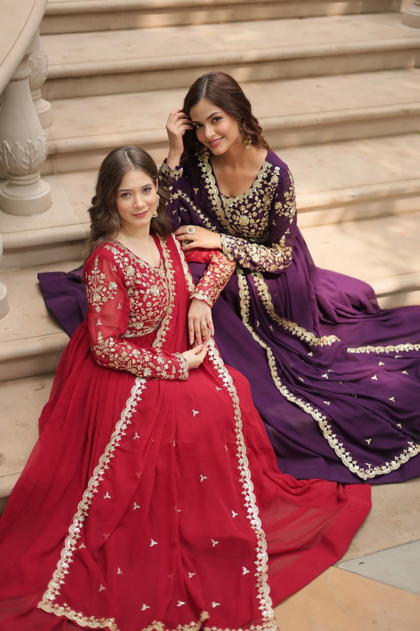 Faux Blooming Sequins Multi Embroidered Gown with Dupatta
