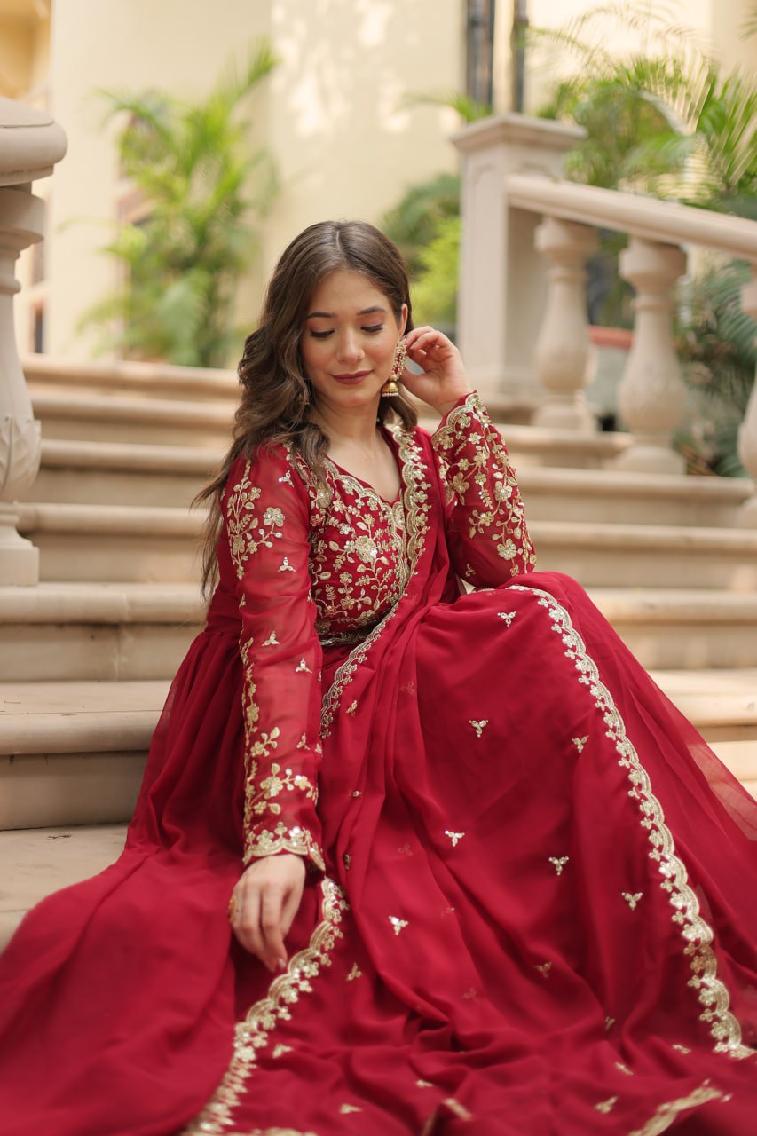 Faux Blooming Sequins Multi Embroidered Gown with Dupatta