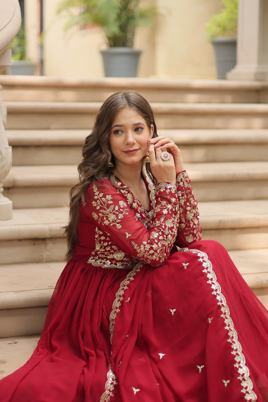 Faux Blooming Sequins Multi Embroidered Gown with Dupatta