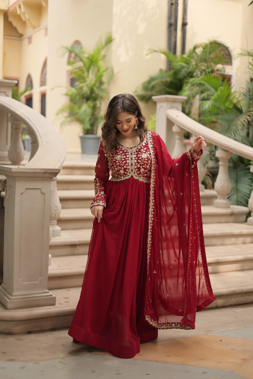 Faux Blooming Sequins Multi Embroidered Gown with Dupatta