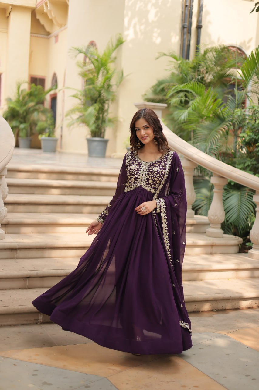 Faux Blooming Sequins Multi Embroidered Gown with Dupatta
