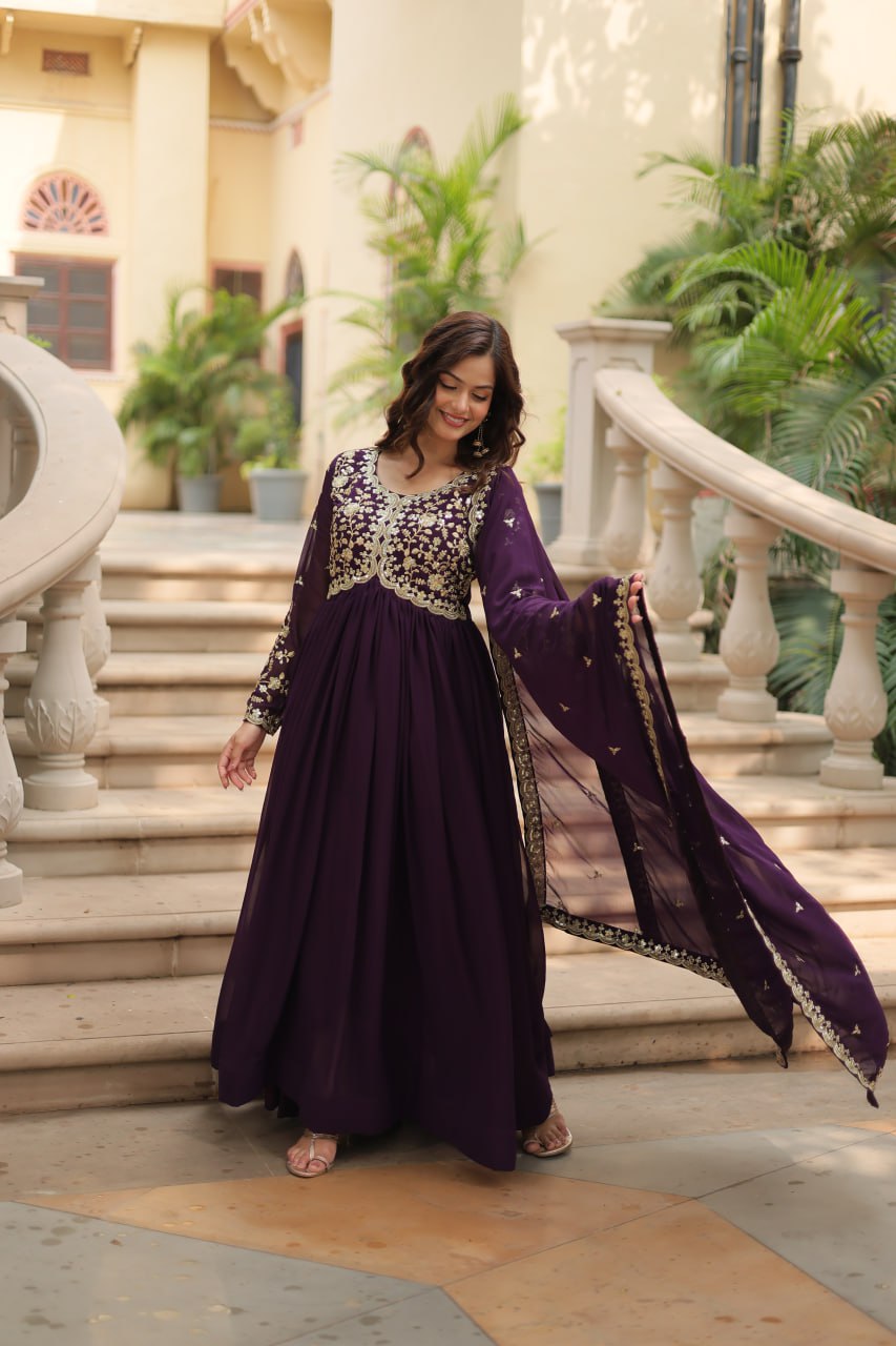 Faux Blooming Sequins Multi Embroidered Gown with Dupatta