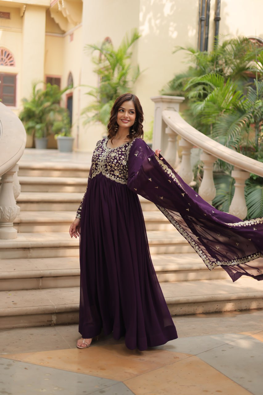 Faux Blooming Sequins Multi Embroidered Gown with Dupatta