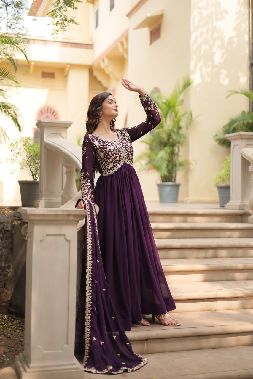 Faux Blooming Sequins Multi Embroidered Gown with Dupatta