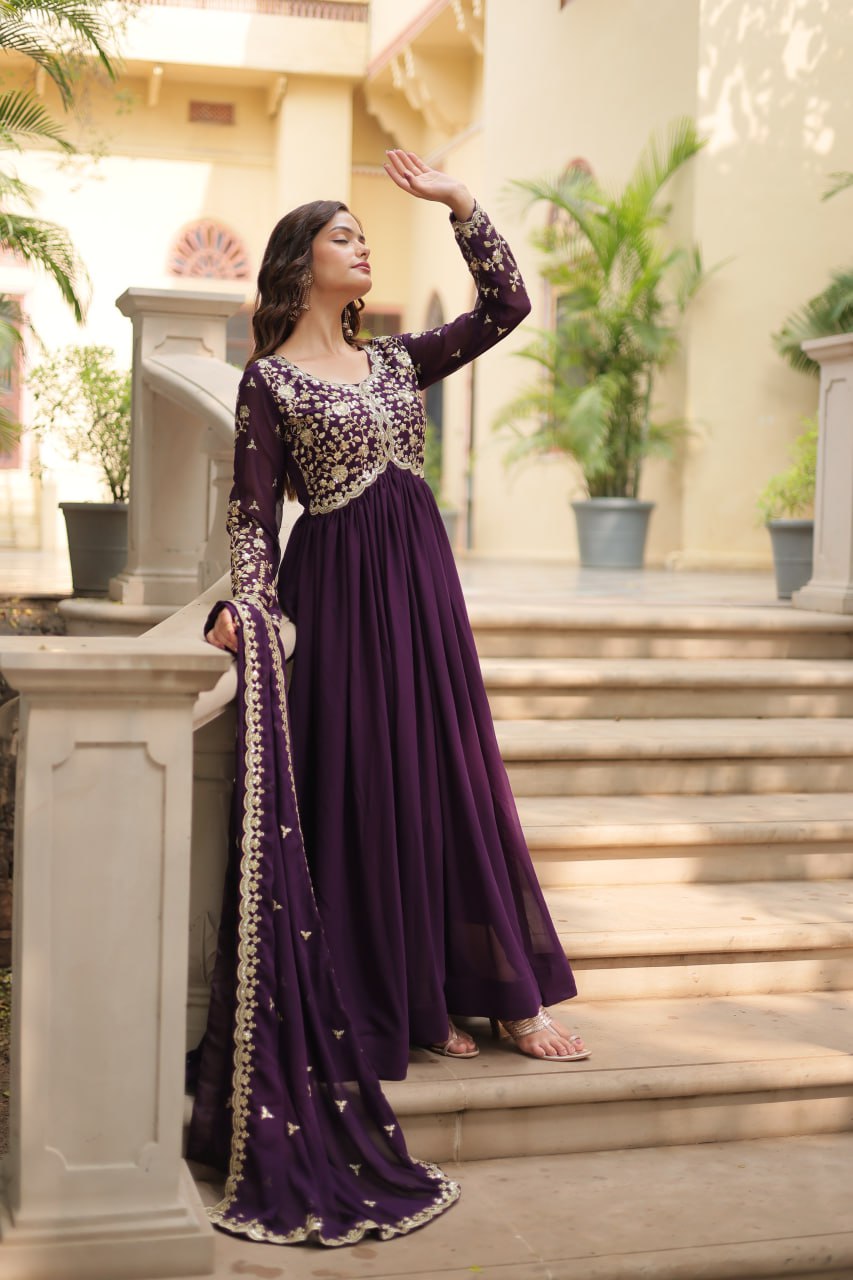 Faux Blooming Sequins Multi Embroidered Gown with Dupatta