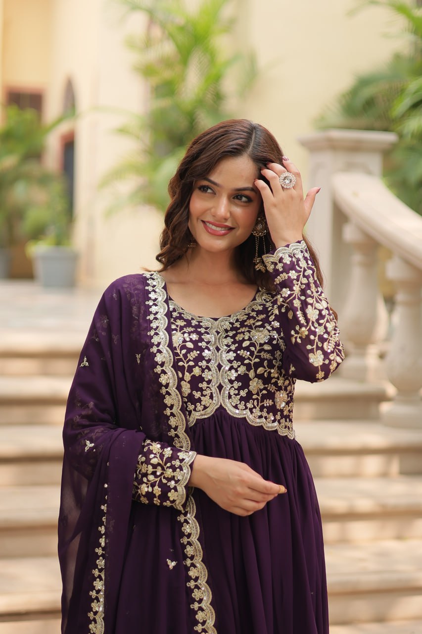 Faux Blooming Sequins Multi Embroidered Gown with Dupatta