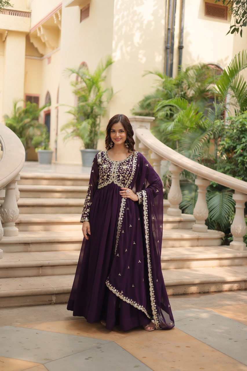Faux Blooming Sequins Multi Embroidered Gown with Dupatta