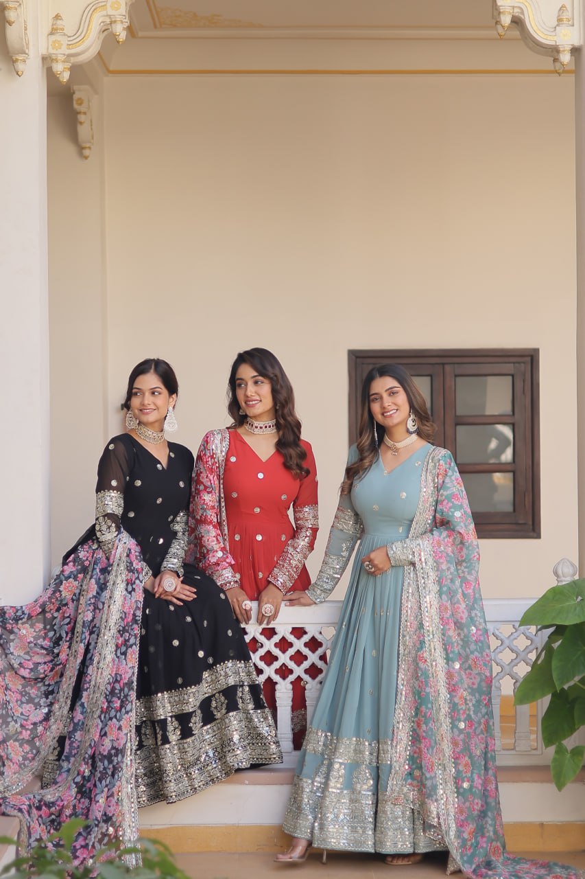 Faux Georgette Embroidered Zari Sequins-work Gown with Tabby Silk Dupatta