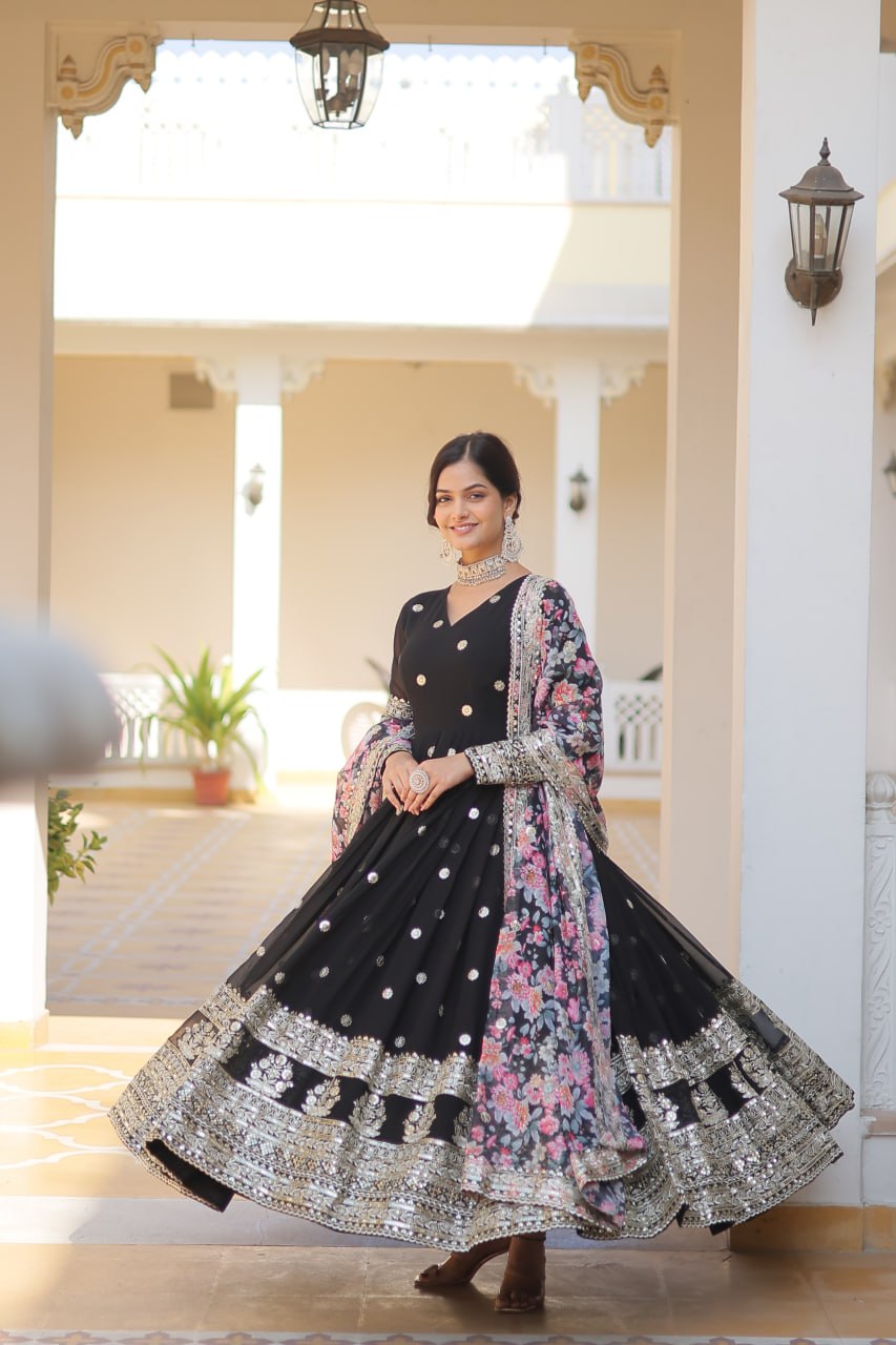 Faux Georgette Embroidered Zari Sequins-work Gown with Tabby Silk Dupatta