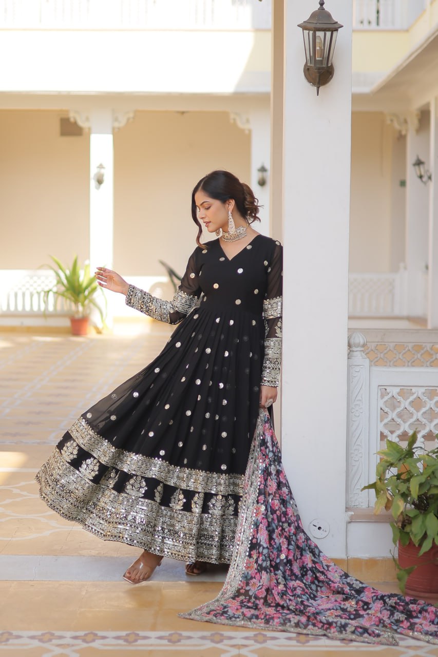 Faux Georgette Embroidered Zari Sequins-work Gown with Tabby Silk Dupatta