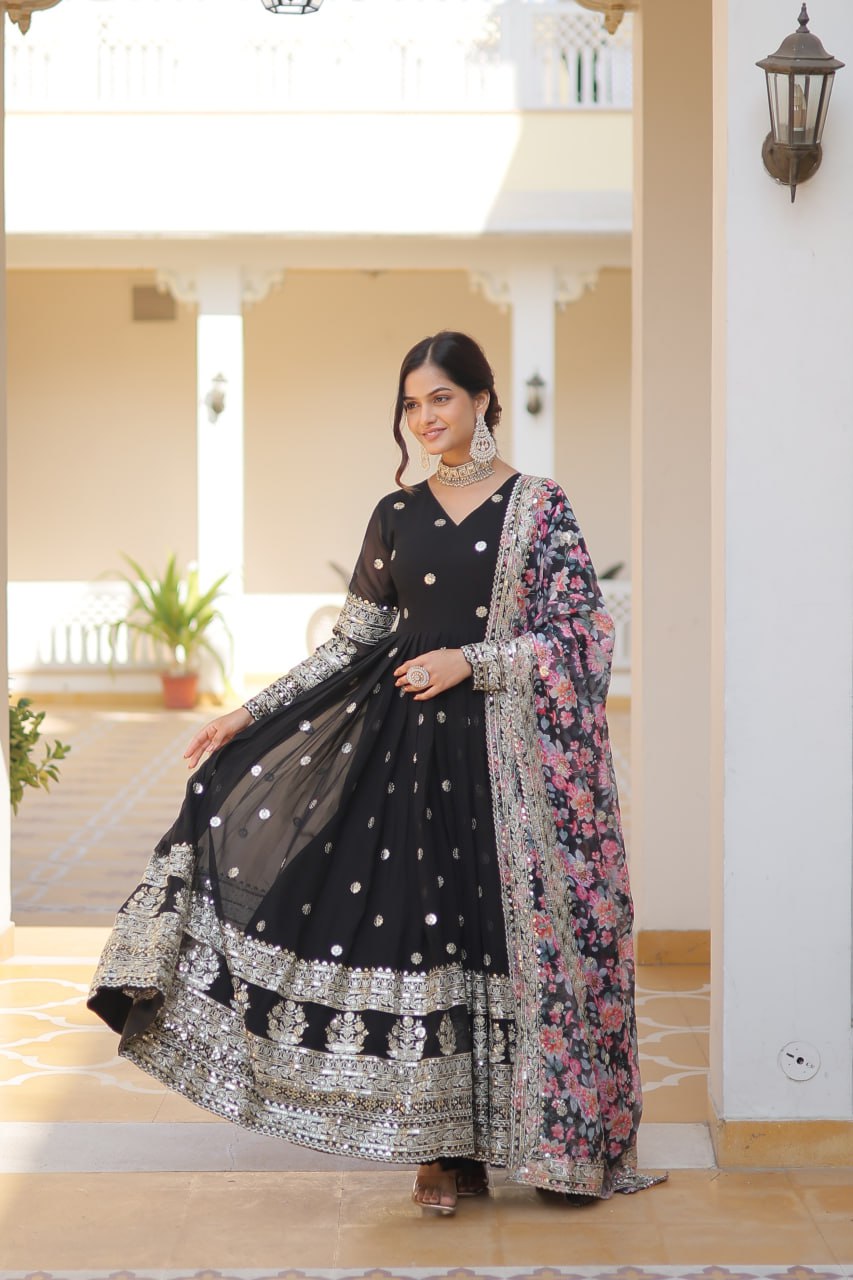 Faux Georgette Embroidered Zari Sequins-work Gown with Tabby Silk Dupatta