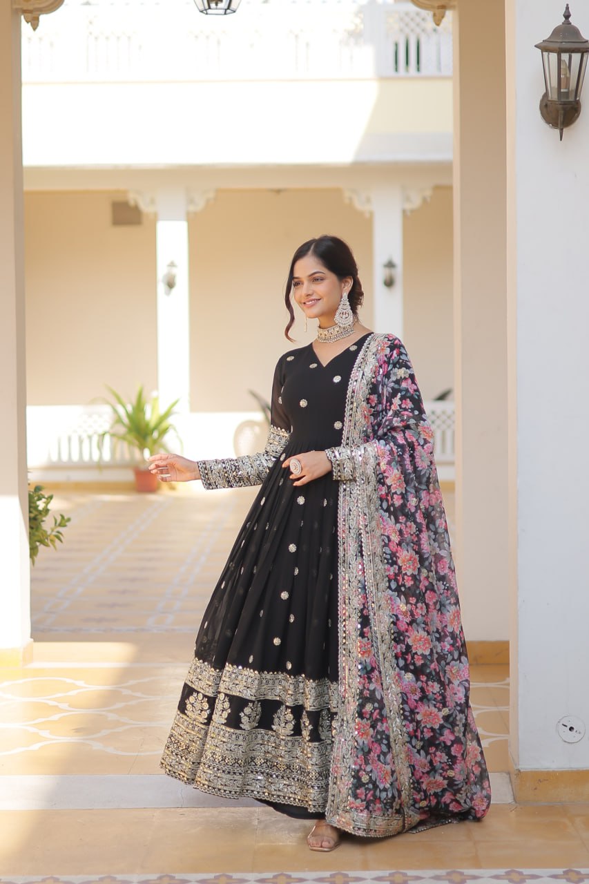 Faux Georgette Embroidered Zari Sequins-work Gown with Tabby Silk Dupatta