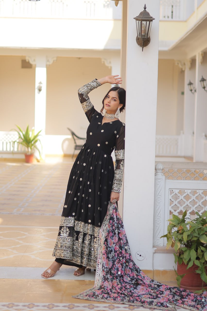 Faux Georgette Embroidered Zari Sequins-work Gown with Tabby Silk Dupatta