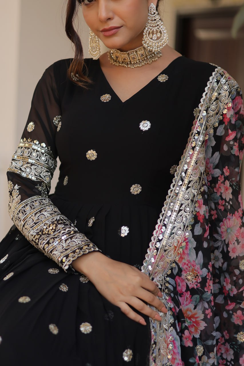 Faux Georgette Embroidered Zari Sequins-work Gown with Tabby Silk Dupatta