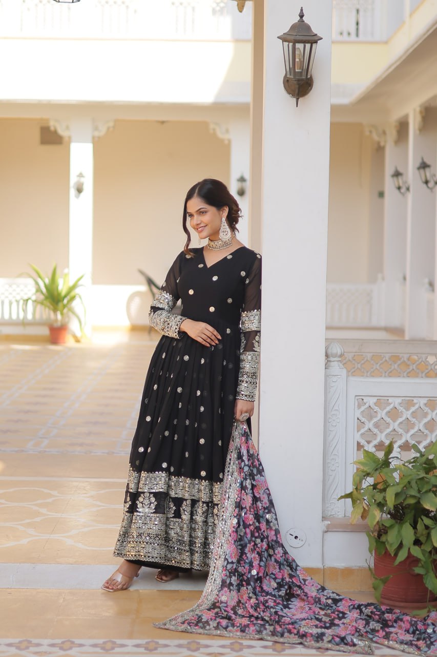 Faux Georgette Embroidered Zari Sequins-work Gown with Tabby Silk Dupatta