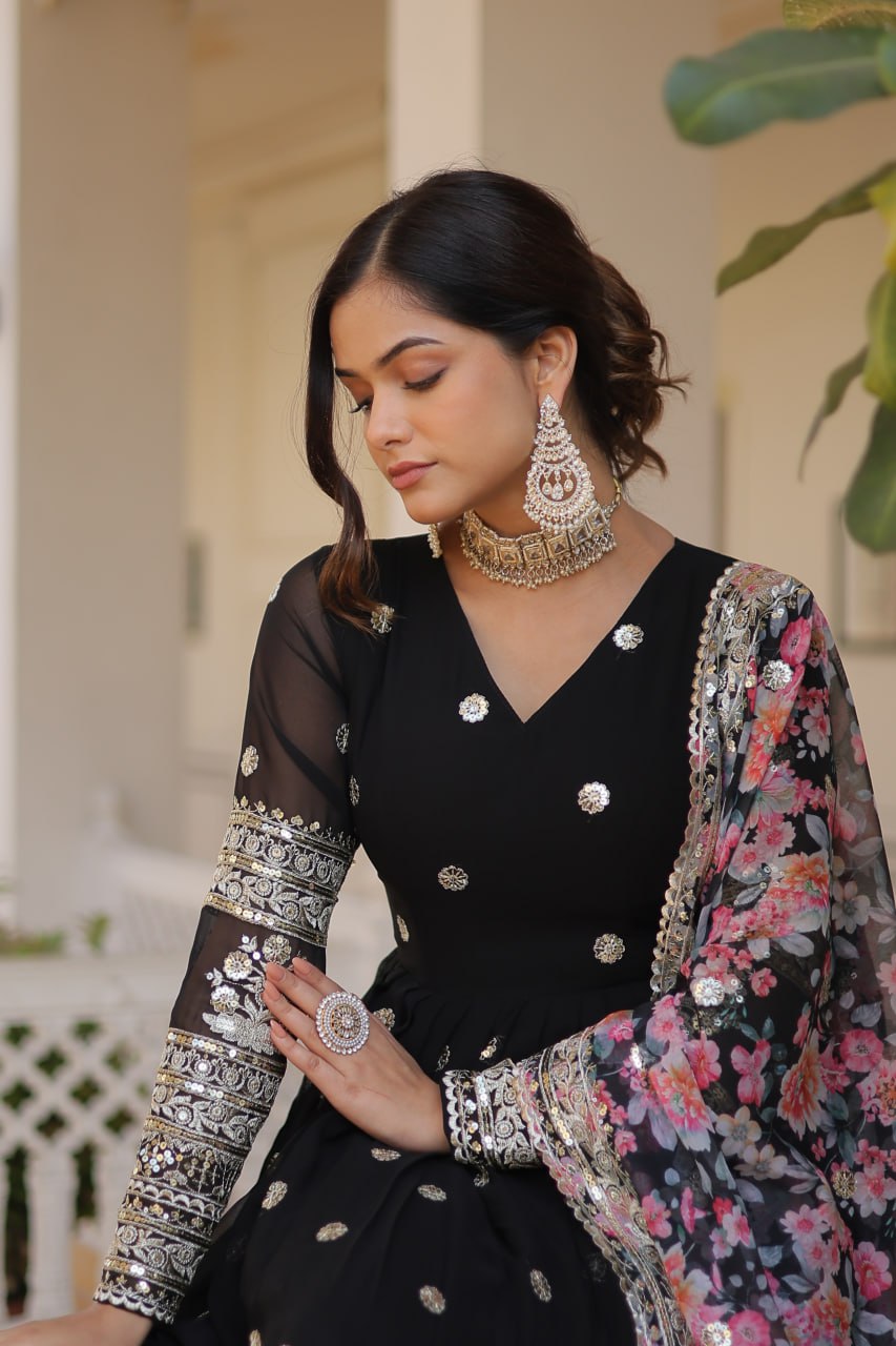 Faux Georgette Embroidered Zari Sequins-work Gown with Tabby Silk Dupatta