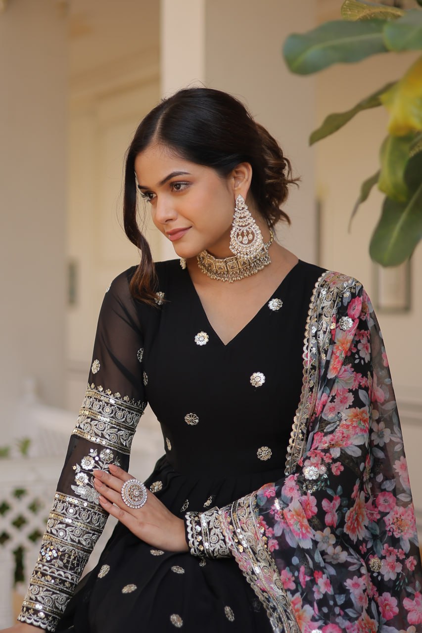 Faux Georgette Embroidered Zari Sequins-work Gown with Tabby Silk Dupatta