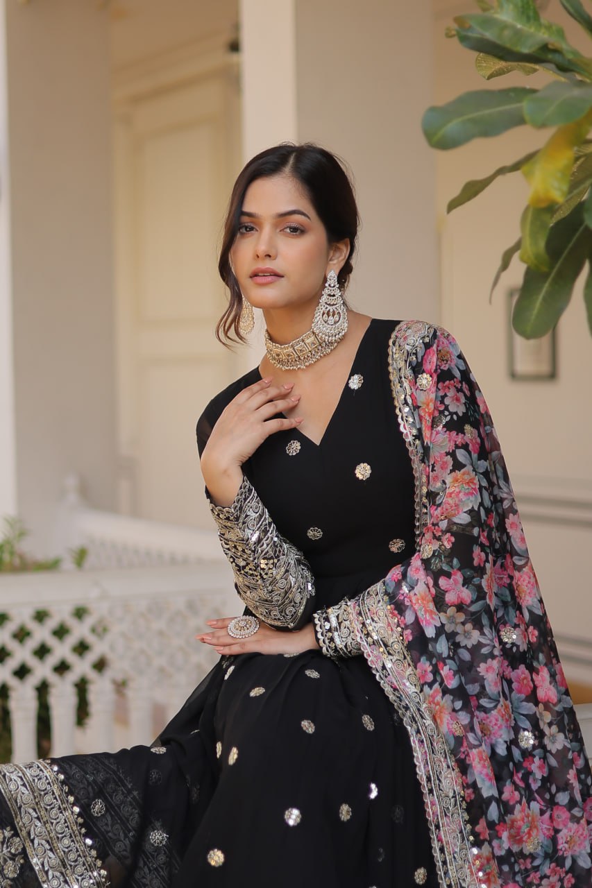 Faux Georgette Embroidered Zari Sequins-work Gown with Tabby Silk Dupatta