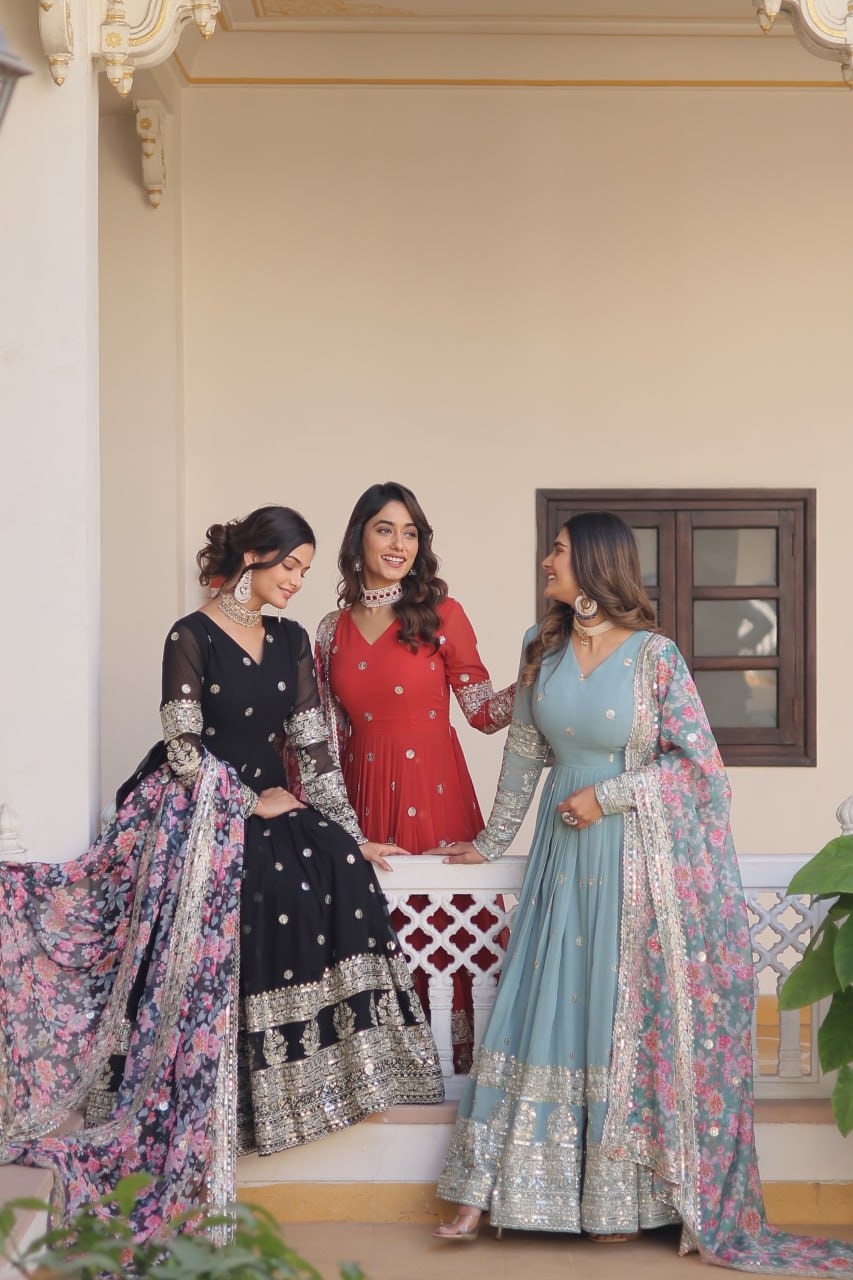 Faux Georgette Embroidered Zari Sequins-work Gown with Tabby Silk Dupatta