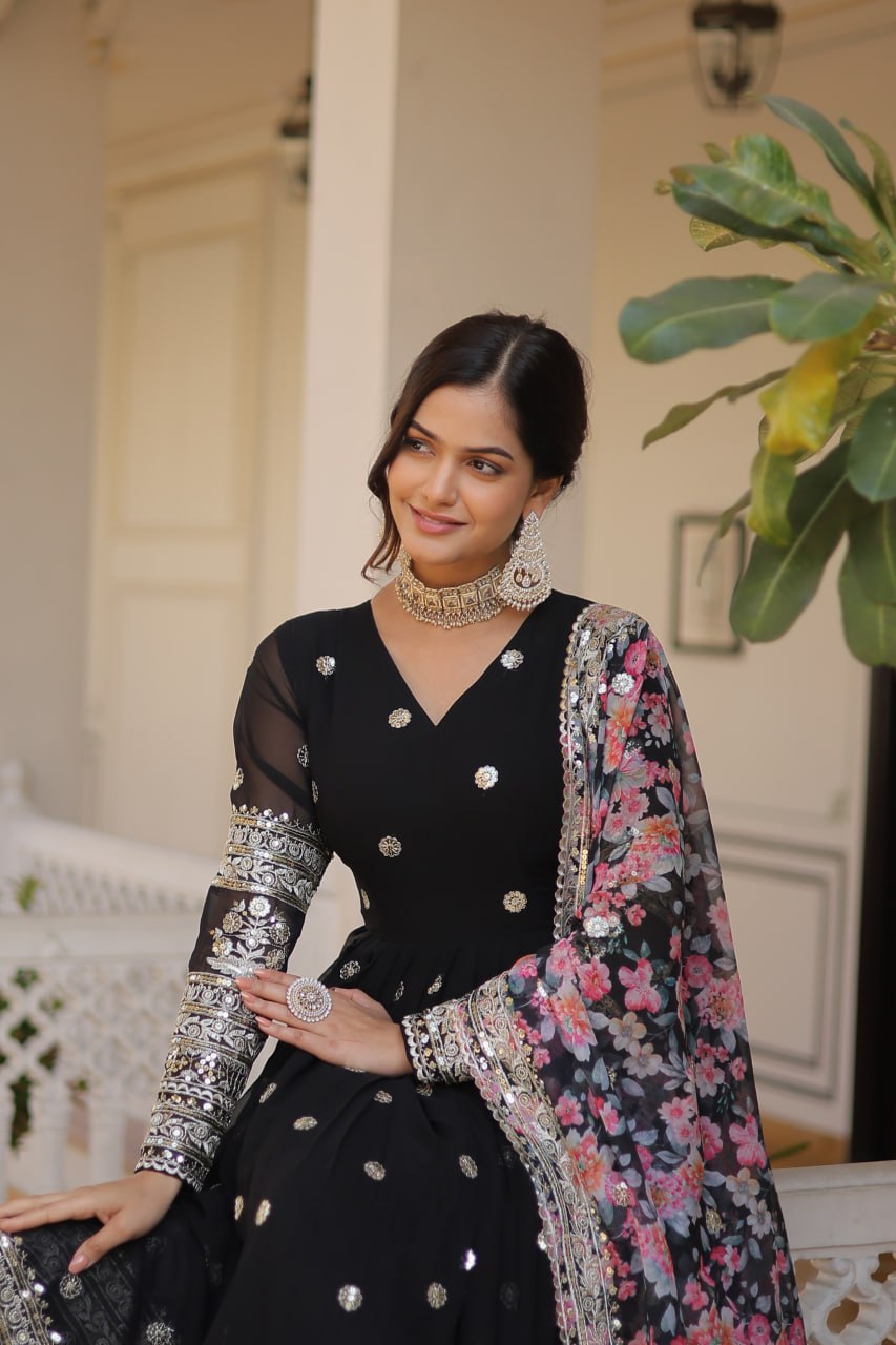 Faux Georgette Embroidered Zari Sequins-work Gown with Tabby Silk Dupatta