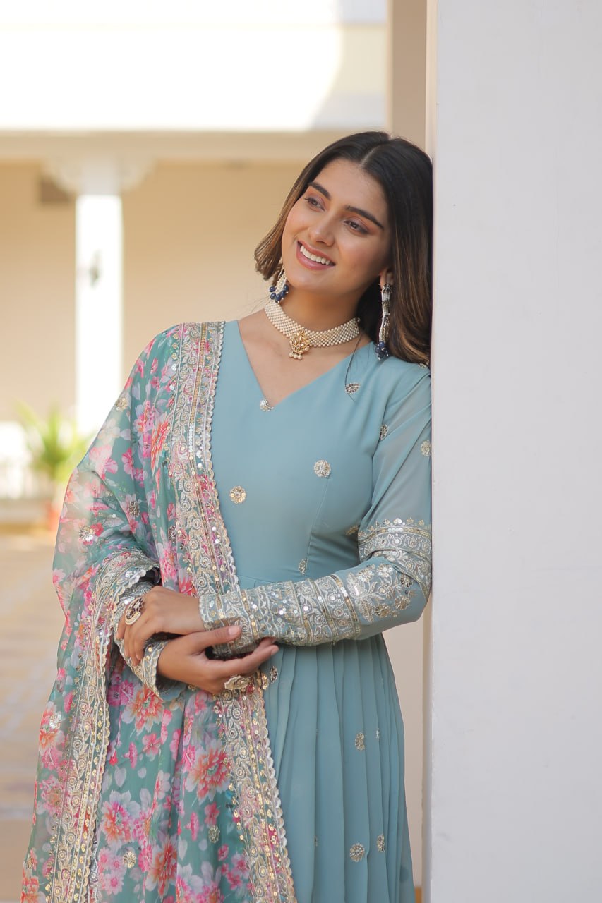 Faux Georgette Embroidered Zari Sequins-work Gown with Tabby Silk Dupatta
