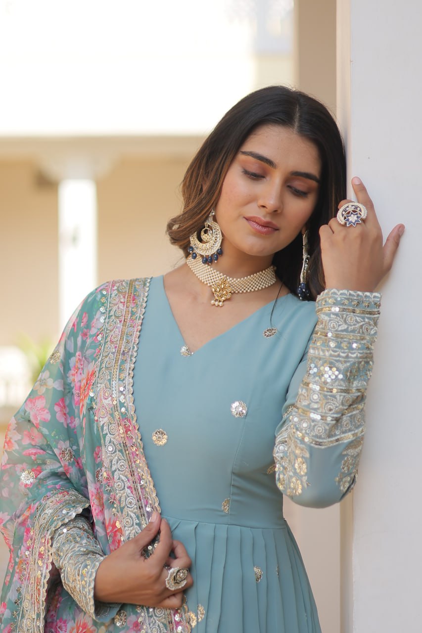 Faux Georgette Embroidered Zari Sequins-work Gown with Tabby Silk Dupatta