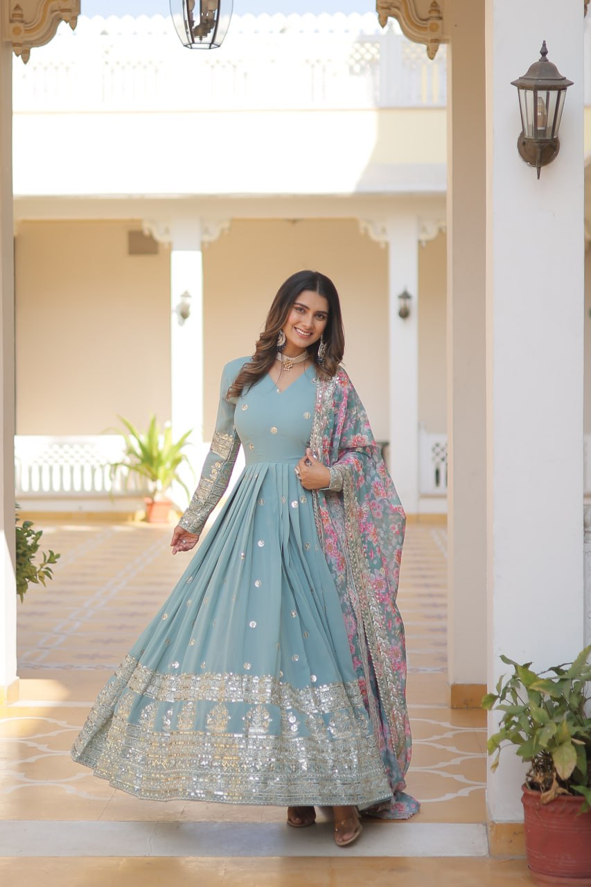 Faux Georgette Embroidered Zari Sequins-work Gown with Tabby Silk Dupatta