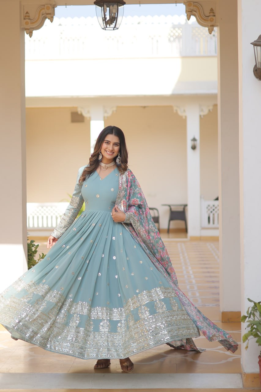 Faux Georgette Embroidered Zari Sequins-work Gown with Tabby Silk Dupatta
