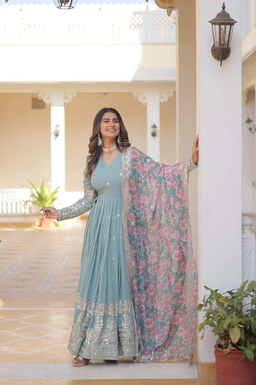 Faux Georgette Embroidered Zari Sequins-work Gown with Tabby Silk Dupatta