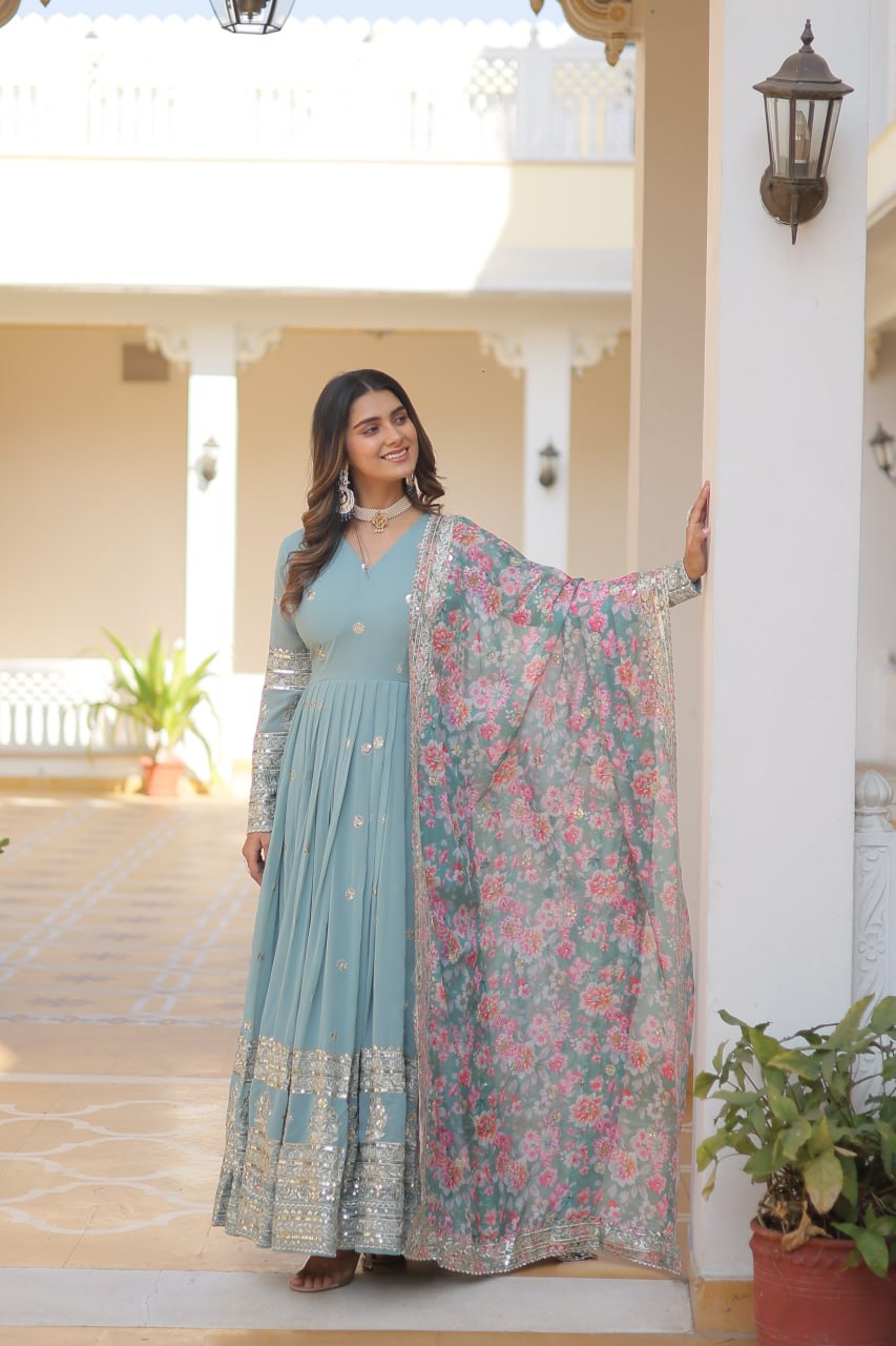 Faux Georgette Embroidered Zari Sequins-work Gown with Tabby Silk Dupatta
