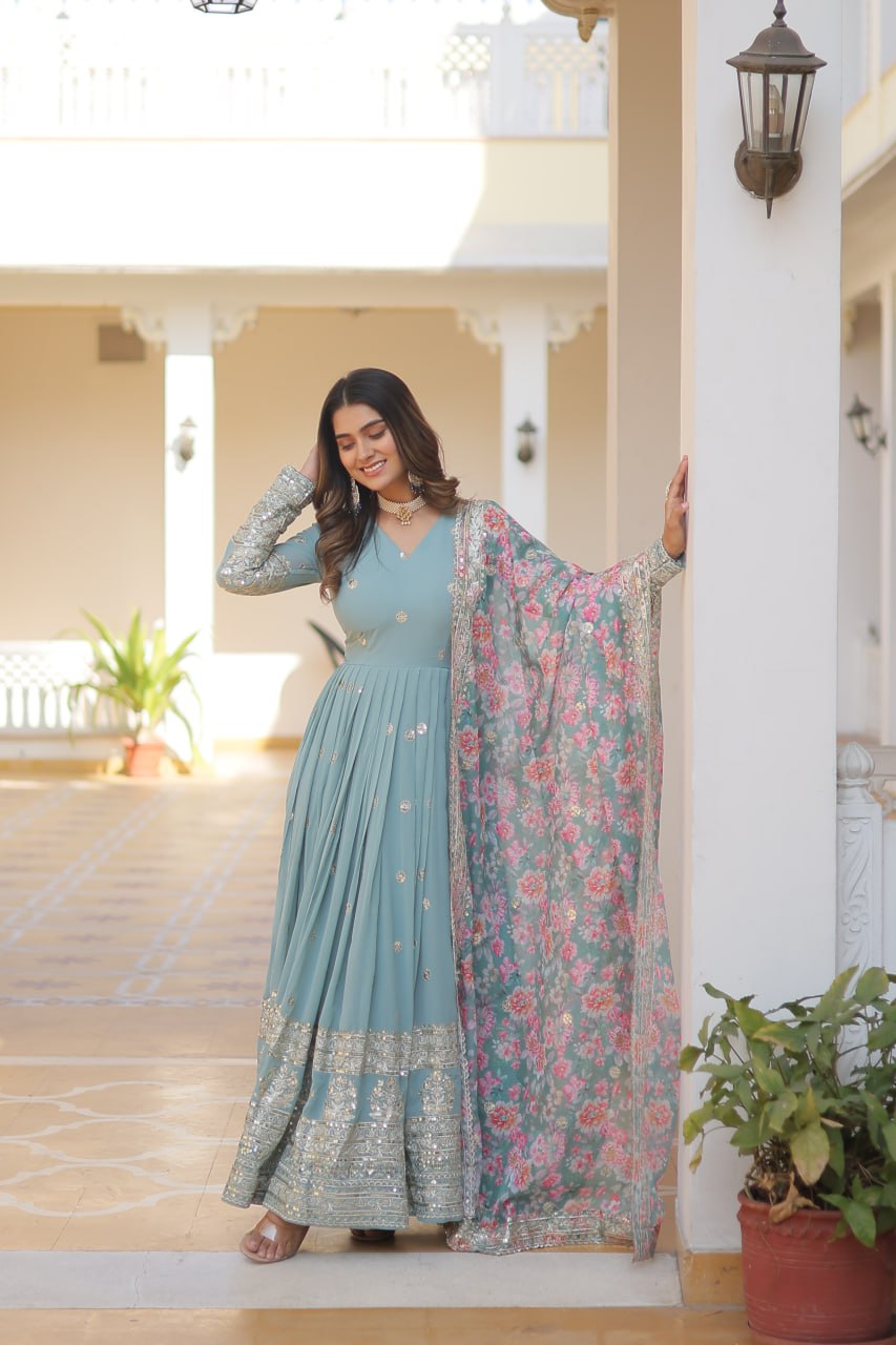 Faux Georgette Embroidered Zari Sequins-work Gown with Tabby Silk Dupatta