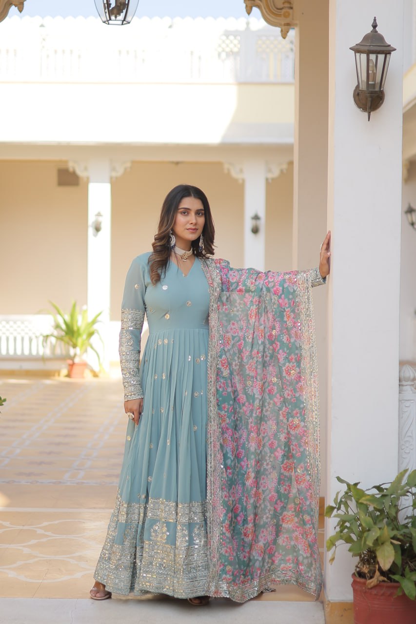 Faux Georgette Embroidered Zari Sequins-work Gown with Tabby Silk Dupatta