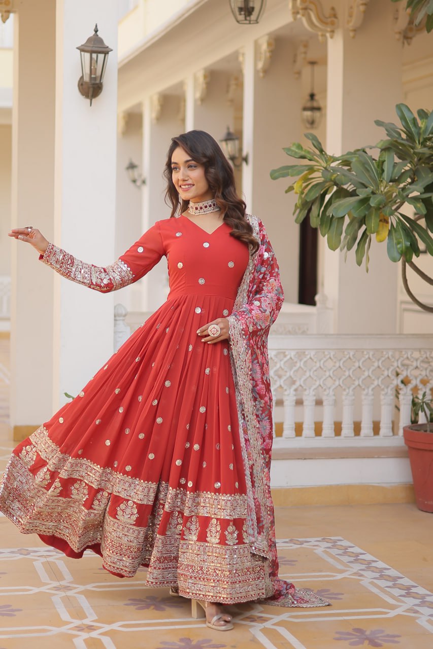 Faux Georgette Embroidered Zari Sequins-work Gown with Tabby Silk Dupatta