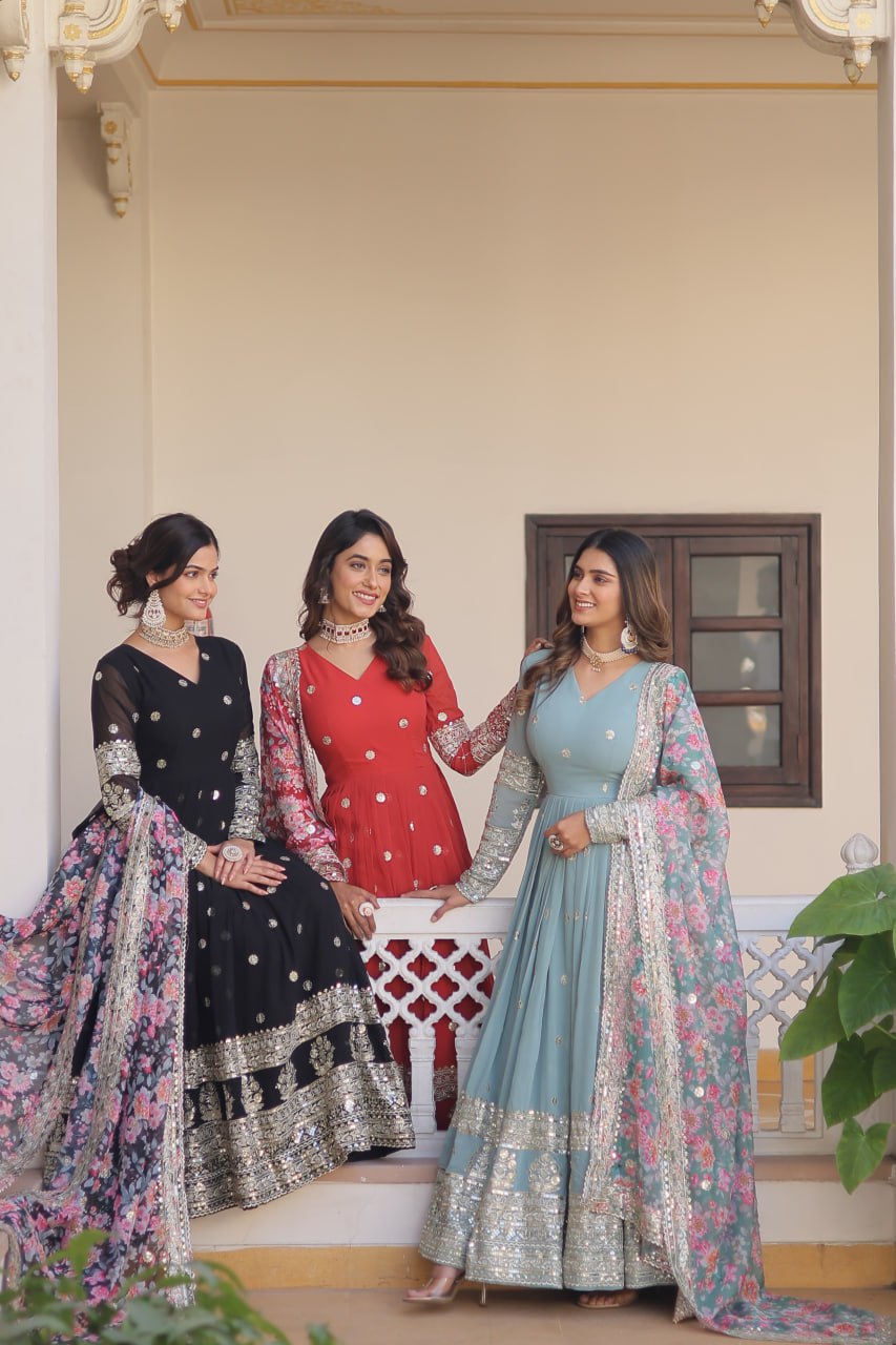 Faux Georgette Embroidered Zari Sequins-work Gown with Tabby Silk Dupatta