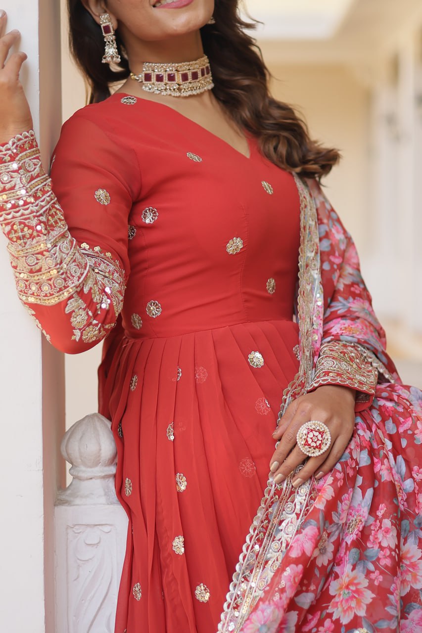 Faux Georgette Embroidered Zari Sequins-work Gown with Tabby Silk Dupatta