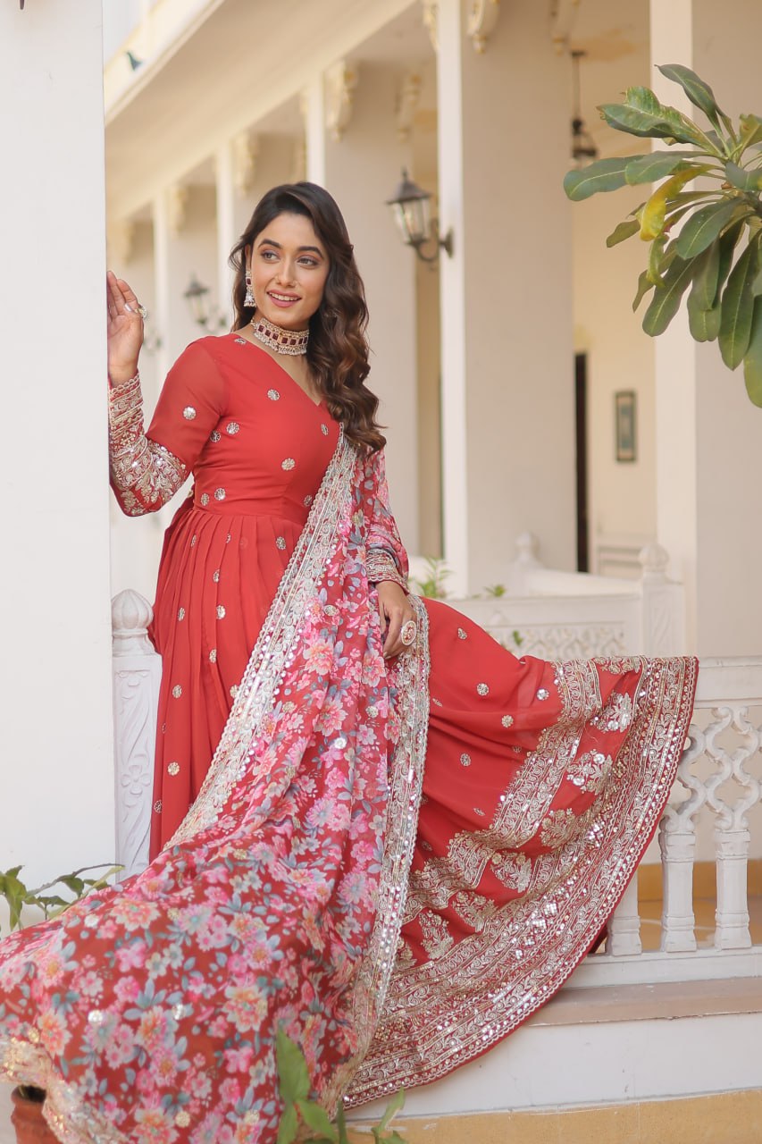Faux Georgette Embroidered Zari Sequins-work Gown with Tabby Silk Dupatta