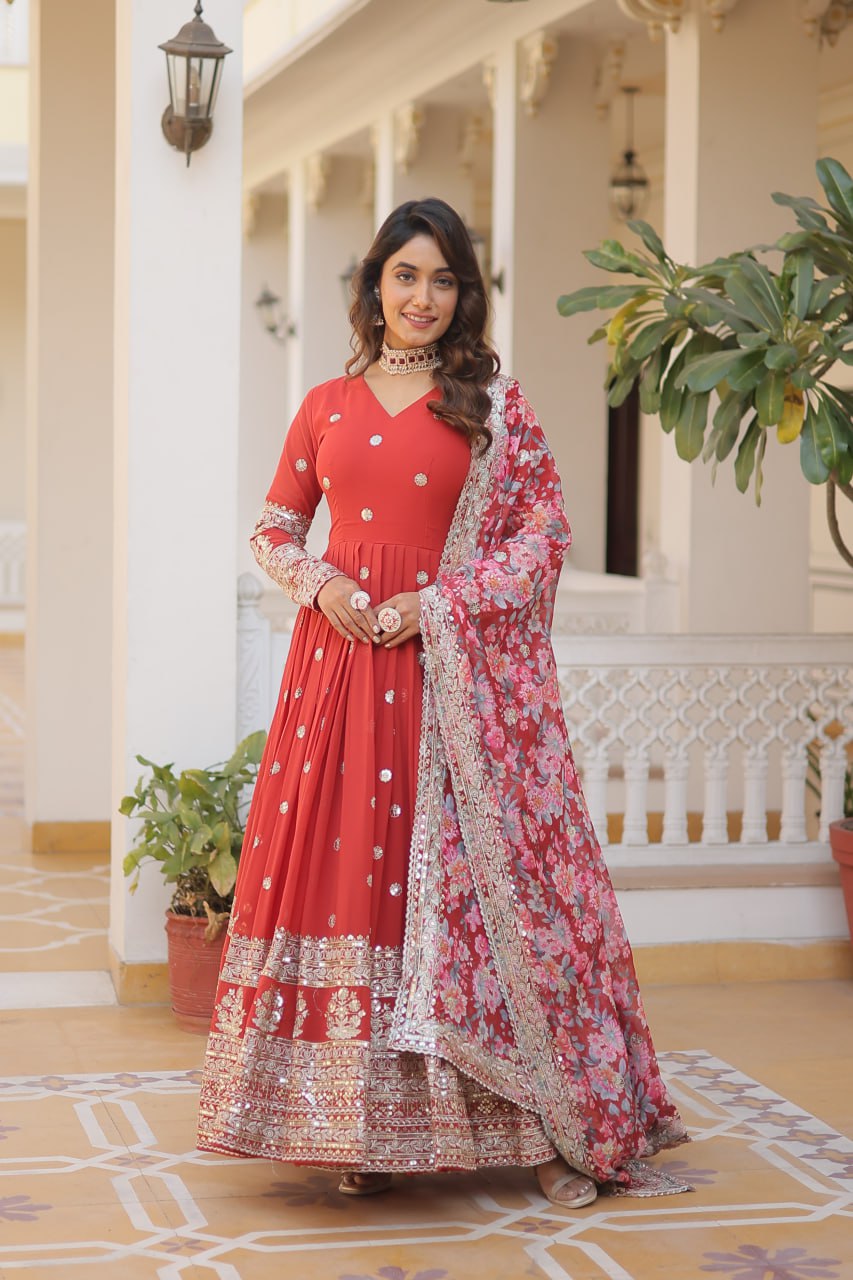 Faux Georgette Embroidered Zari Sequins-work Gown with Tabby Silk Dupatta