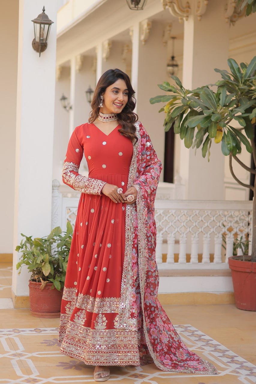Faux Georgette Embroidered Zari Sequins-work Gown with Tabby Silk Dupatta