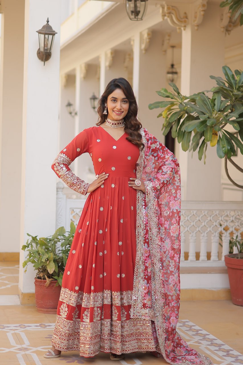 Faux Georgette Embroidered Zari Sequins-work Gown with Tabby Silk Dupatta