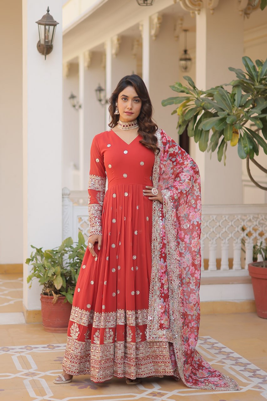 Faux Georgette Embroidered Zari Sequins-work Gown with Tabby Silk Dupatta