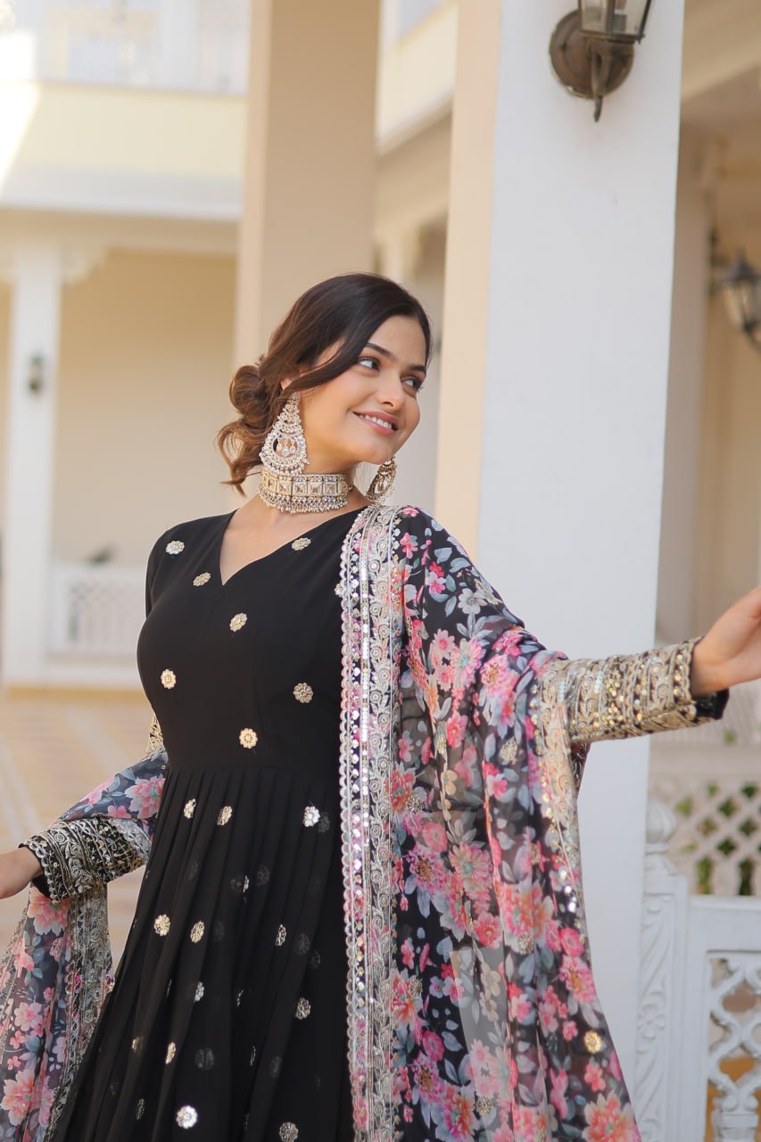 Faux Georgette Embroidered Zari Sequins-work Gown with Tabby Silk Dupatta