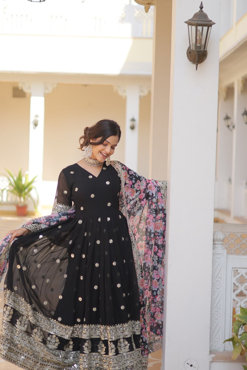 Faux Georgette Embroidered Zari Sequins-work Gown with Tabby Silk Dupatta