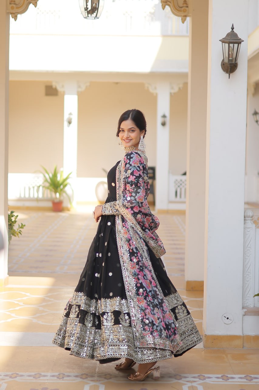 Faux Georgette Embroidered Zari Sequins-work Gown with Tabby Silk Dupatta