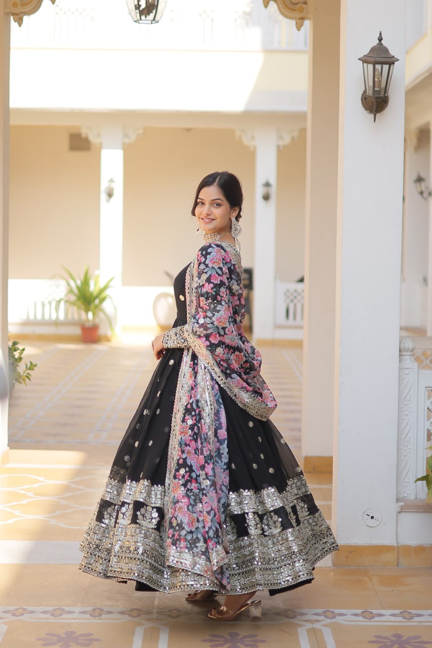 Faux Georgette Embroidered Zari Sequins-work Gown with Tabby Silk Dupatta