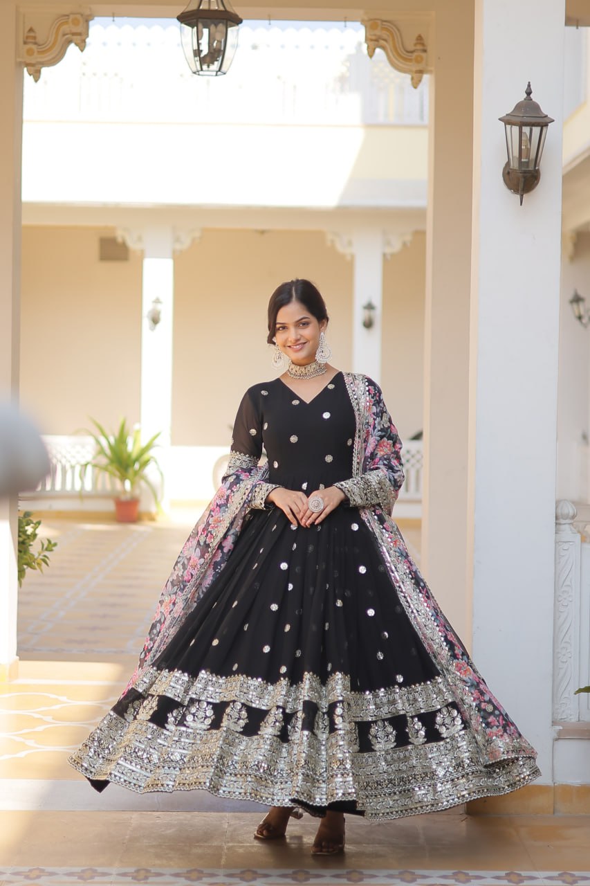 Faux Georgette Embroidered Zari Sequins-work Gown with Tabby Silk Dupatta